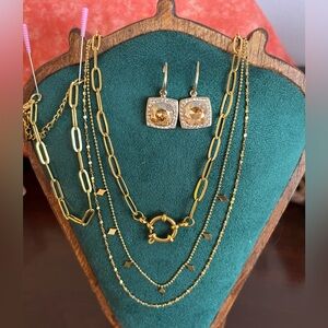 Delicate Gold Necklace Stack Set w/Bracelet & Champagne Quartz Earrings